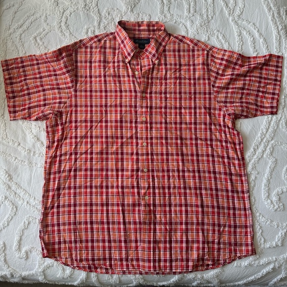 Brooks Brothers Red & Orange Plaid Short Sleeve Button-Down Shirt Size Medium - Picture 1 of 5